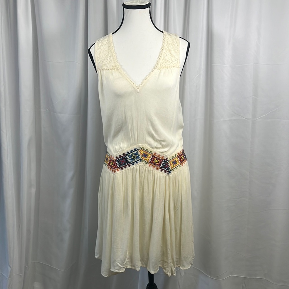 Free People Women’s Natural Aztec Patterned Embroidered Waist Mini Dress, Size S